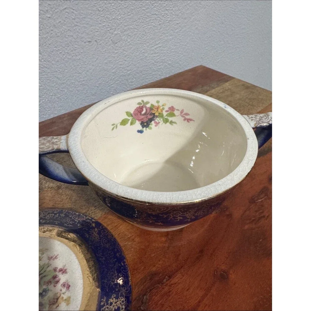 Vintage Salem Century Cobalt Blue Sugar Bowl 23K Gold Filigree Fine China w Lid